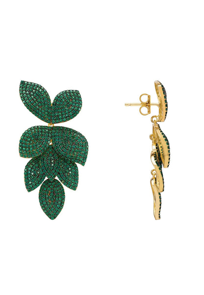 Petal Cascading Flower Earrings Gold Emerald Green (shipping price included)