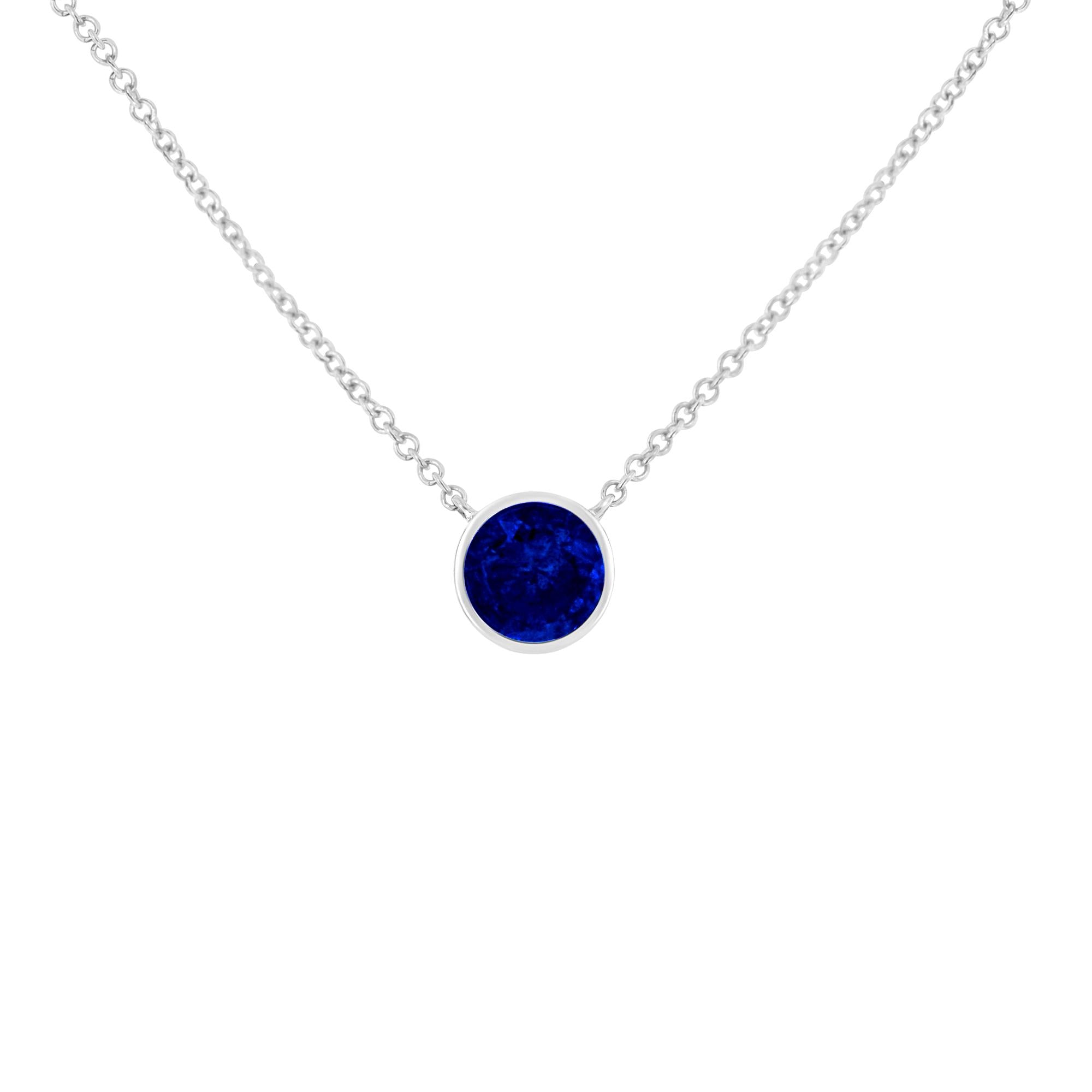 Sterling Silver Lab Grown Cobalt Blue Sapphire Solitaire Bezel Necklace (shipping price included)