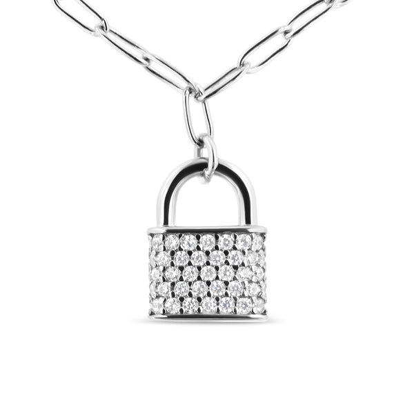 Sterling Silver Diamond Lock Pendant Necklace With Paperclip Chain (shipping price included)