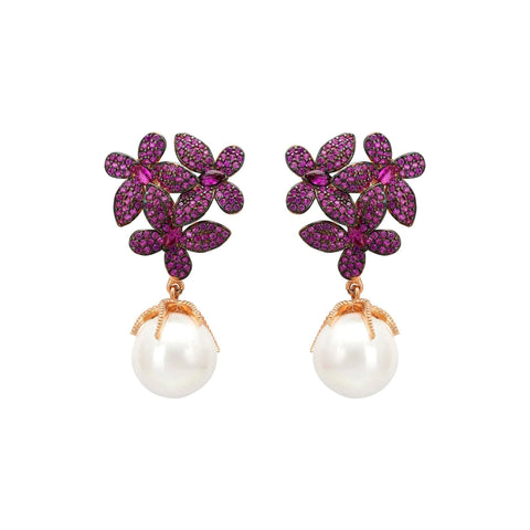 Flowers Pearl Earrings Ruby Pink Rosegold (shipping price included)