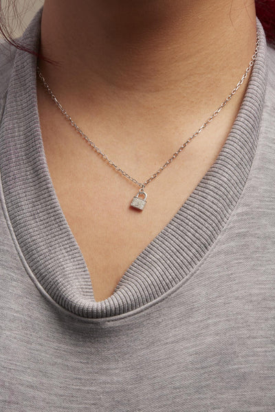 Sterling Silver Diamond Lock Pendant Necklace With Paperclip Chain (shipping price included)