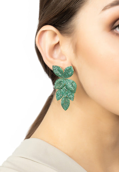 Petal Cascading Flower Earrings Gold Emerald Green (shipping price included)