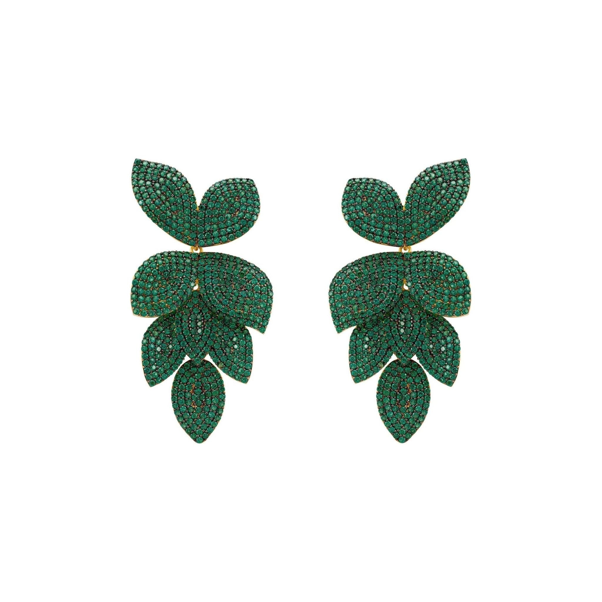 Petal Cascading Flower Earrings Gold Emerald Green (shipping price included)